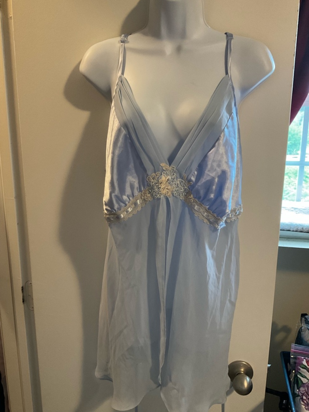 George Light Blue Satin & Lace Trim Chemise with Gold Applique
